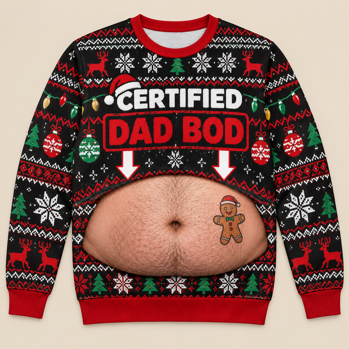 Funny Christmas Sweatshirt Fake Belly Print Novelty Holiday Pullover