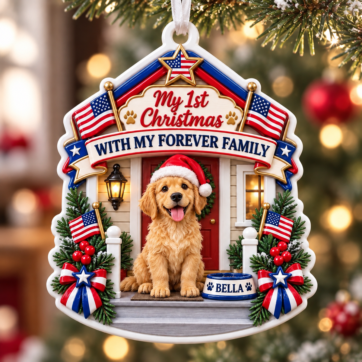 Golden Retriever Puppy First Christmas Forever Family Patriotic Porch Holiday Tree Decor - 3D Relief Ornament