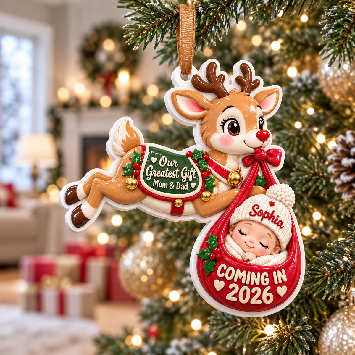 Flying Reindeer Baby Delivery Pregnancy Announcement Keepsake - 3D Relief Ornament