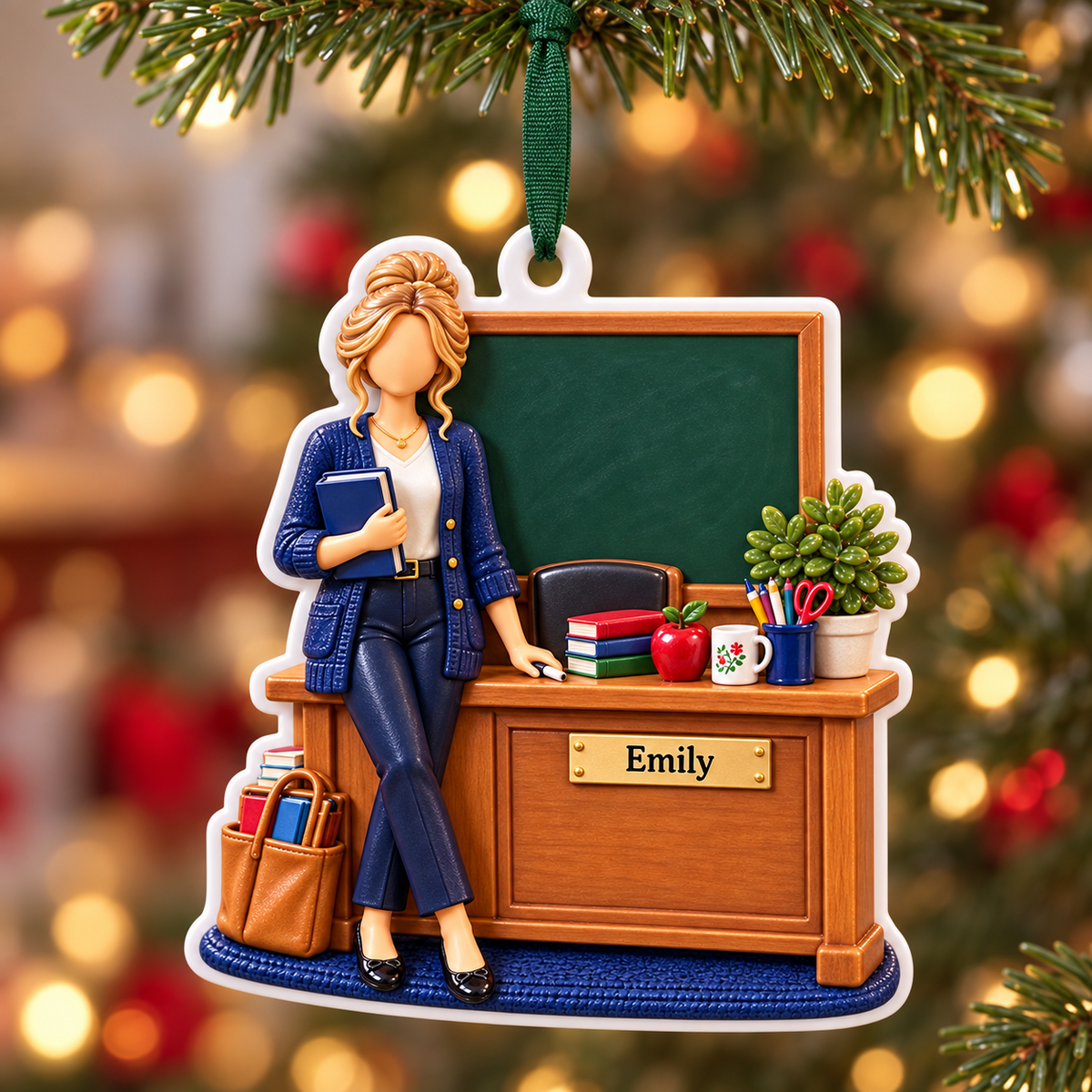 Female Teacher at Classroom Desk with Blackboard and Books Holiday Decor - 3D Relief Ornament