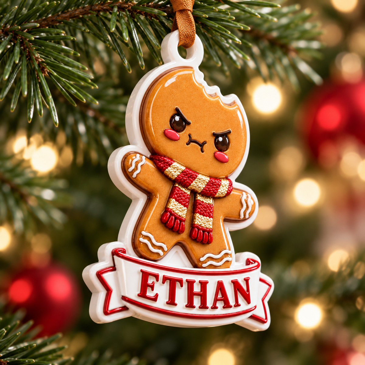 Bitten Gingerbread Cookie Banner White Ceramic Holiday Tree Decor - 3D Relief Ornament