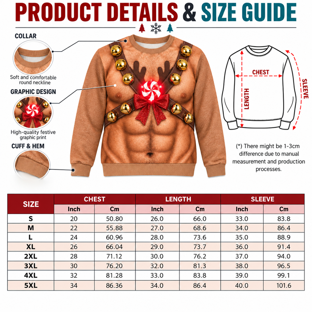Hairy Chest Christmas Sweatshirt Fake Abs Novelty Holiday Pullover