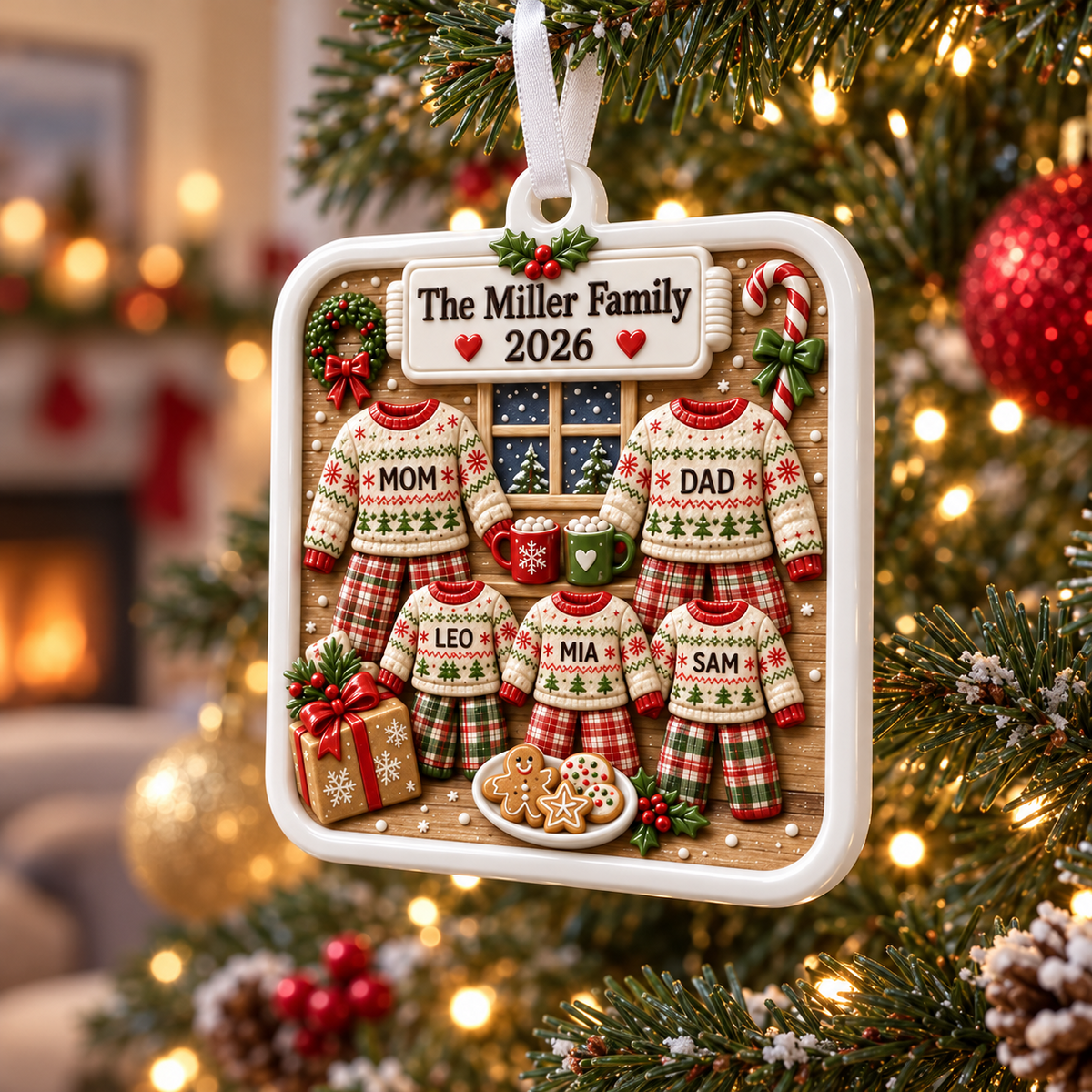 Family Christmas Pajamas Plaque with Sweaters and Cookies Holiday Keepsake - 3D Relief Ornament