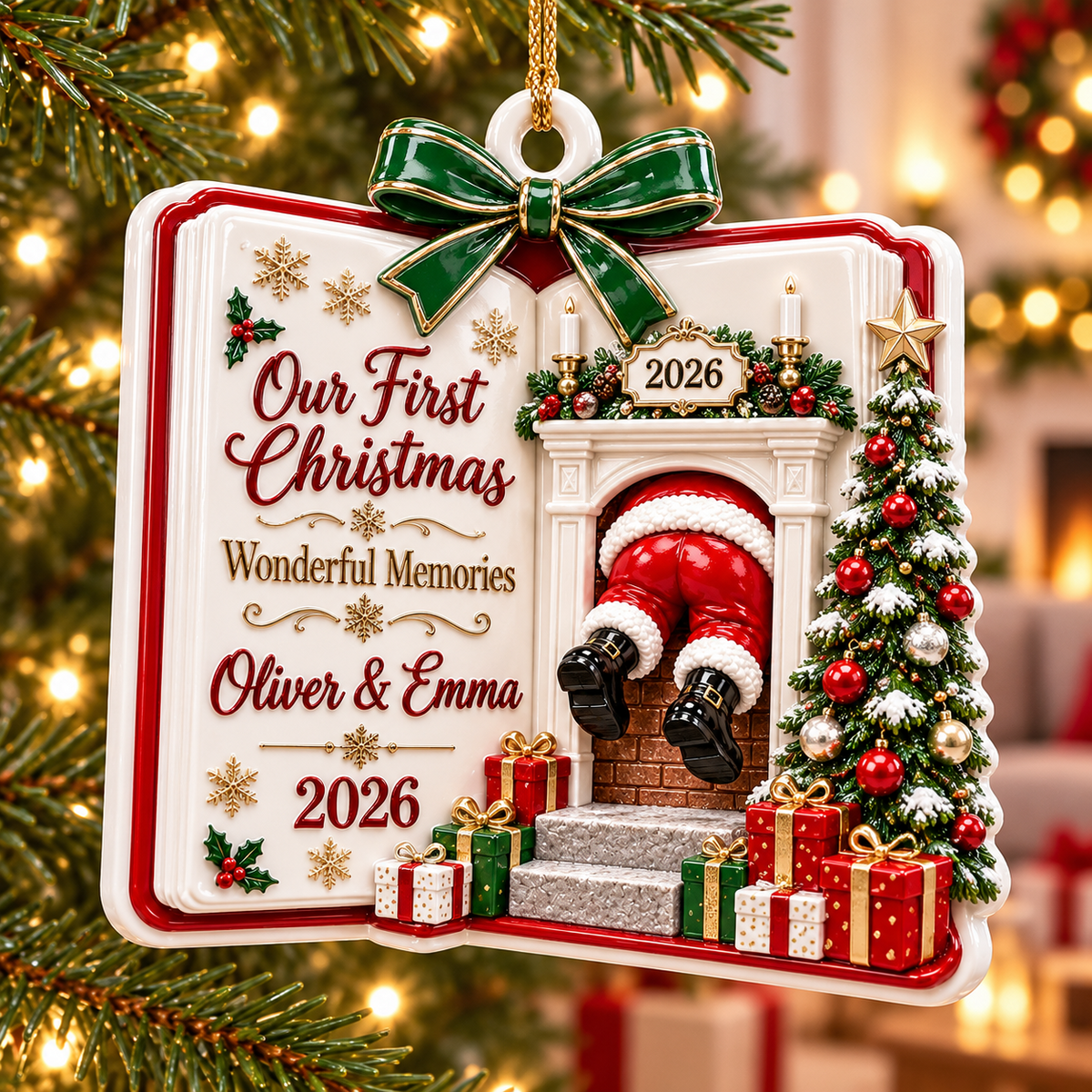 Gift Box Shaped Glossy White Ceramic Holiday Tree Hanging Decor - 3D Relief Ornament