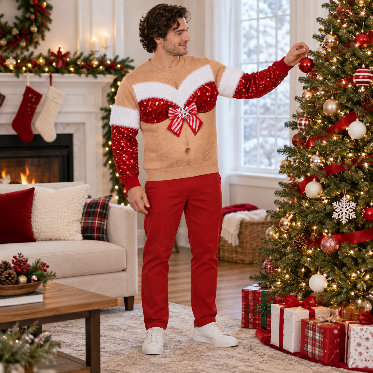 Ugly Christmas Sweatshirt Hairy Chest Sequin Bra Bow Crewneck