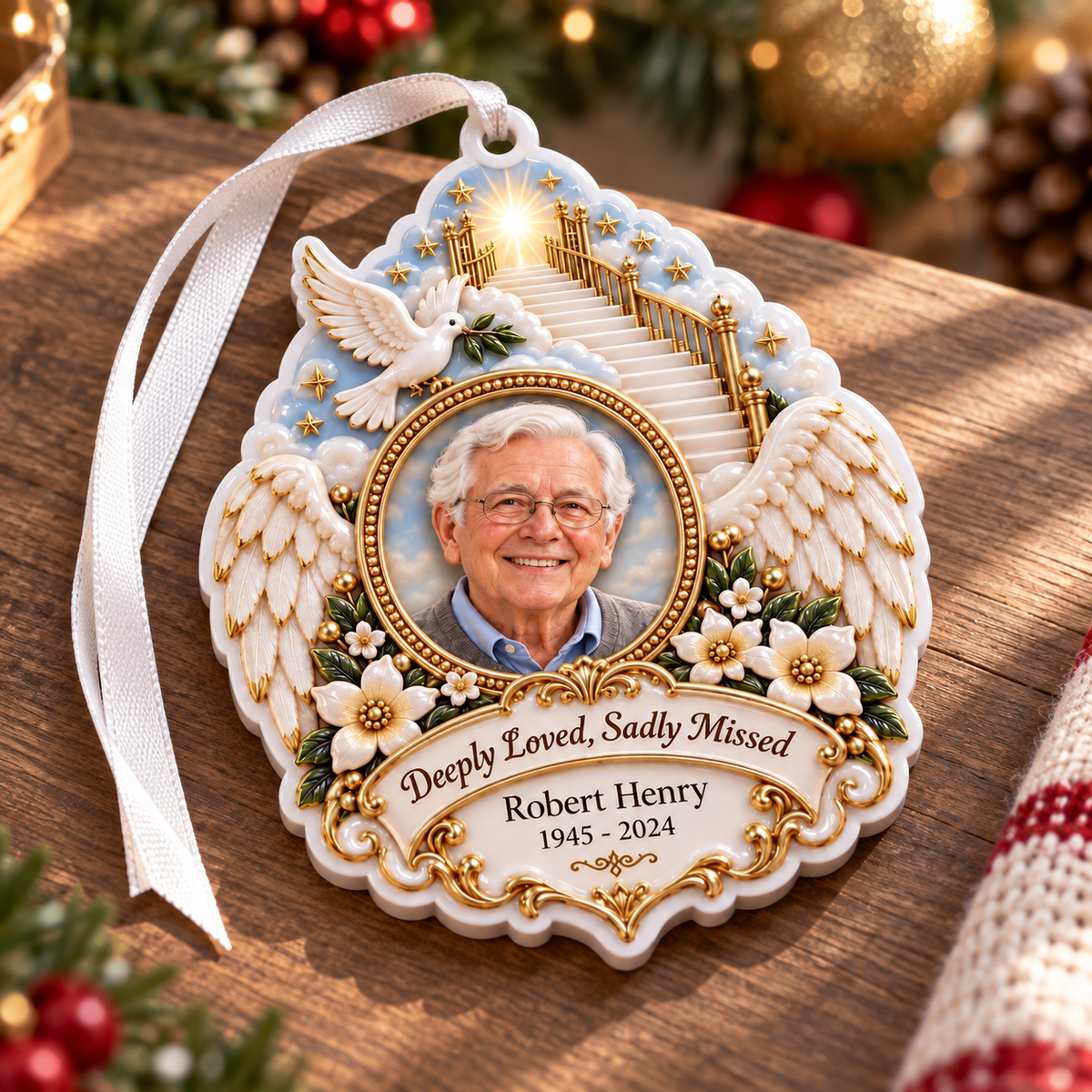 Memorial Stairway to Heaven Keepsake with Angel Wings and Dove - 3D Relief Ornament