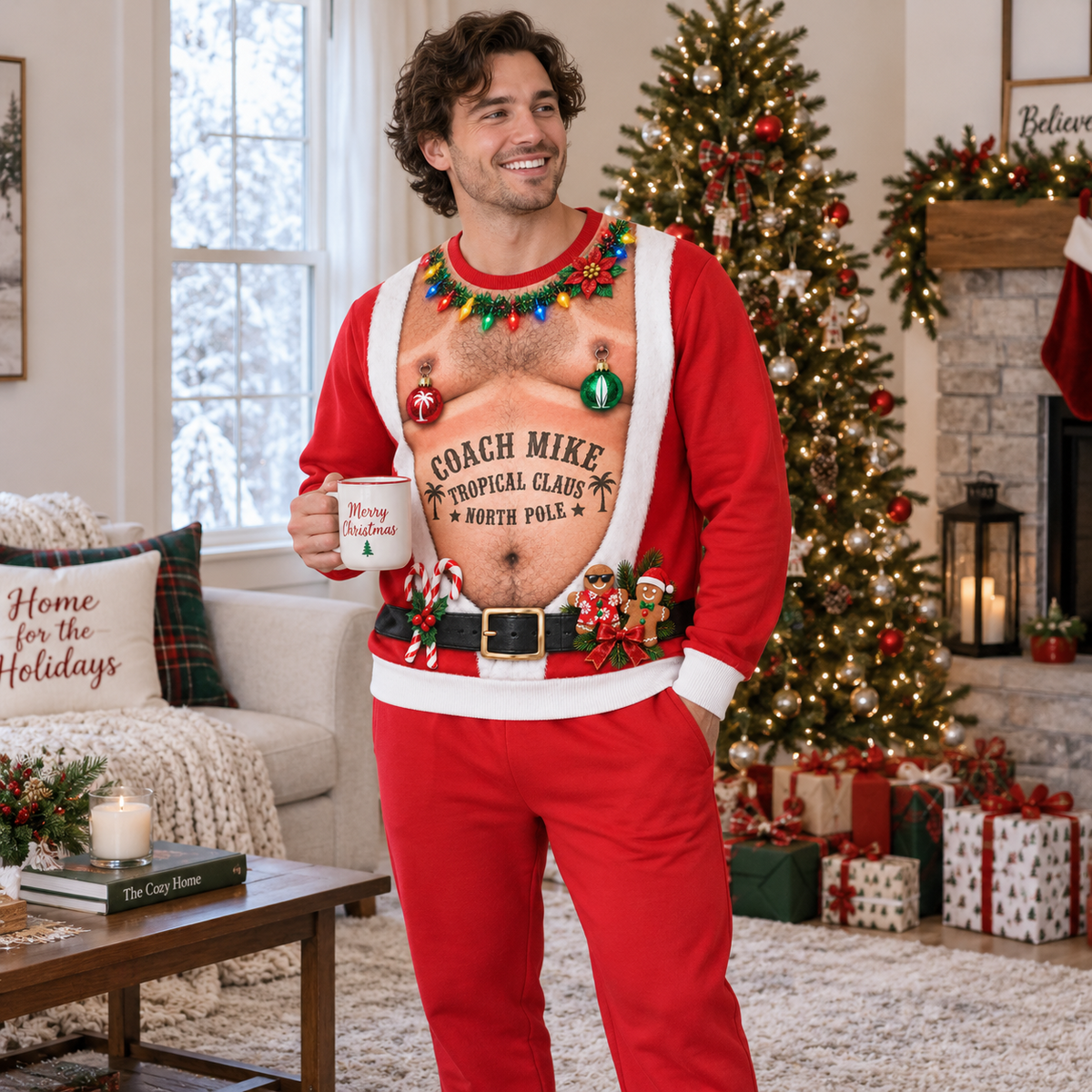 Funny Christmas Sweatshirt Hairy Chest Graphic Long Sleeve Crewneck