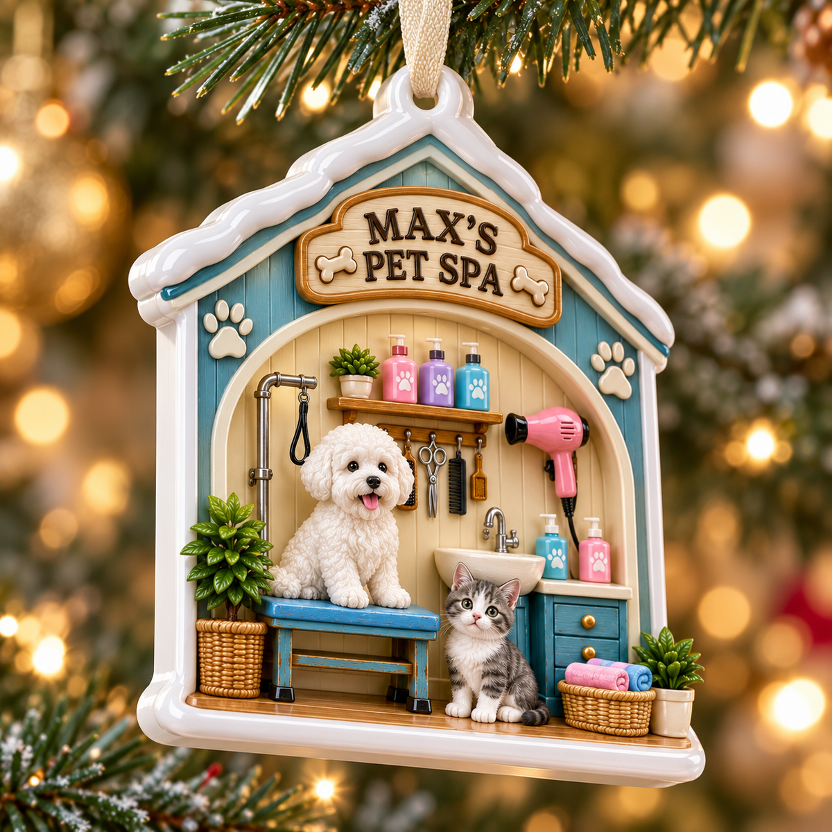 Pet Grooming Salon Scene Hanging Dog and Cat Spa Decor - 3D Relief Ornament