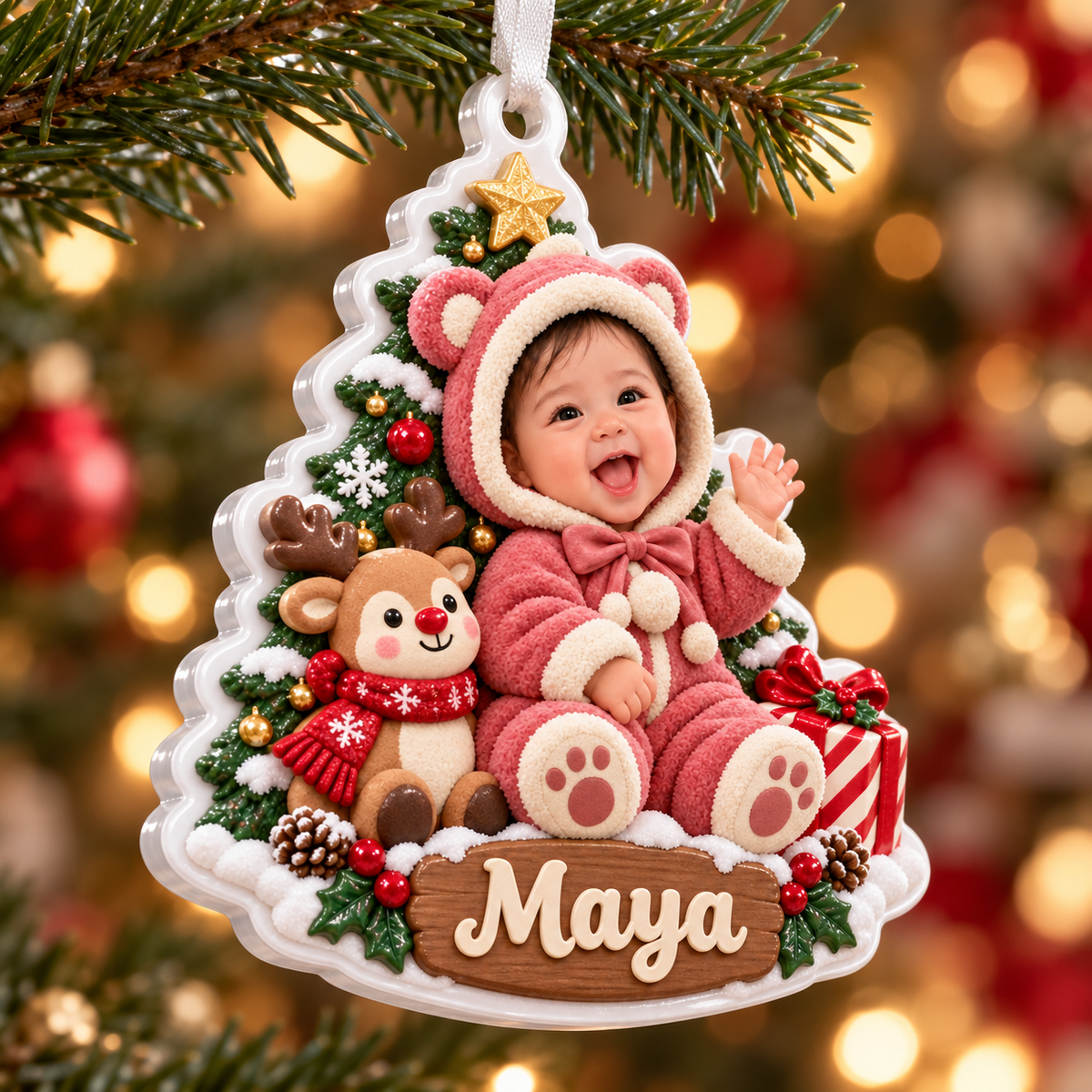 Baby Girl First Christmas Tree Plaque with Reindeer and Teddy Bear Suit - 3D Relief Ornament