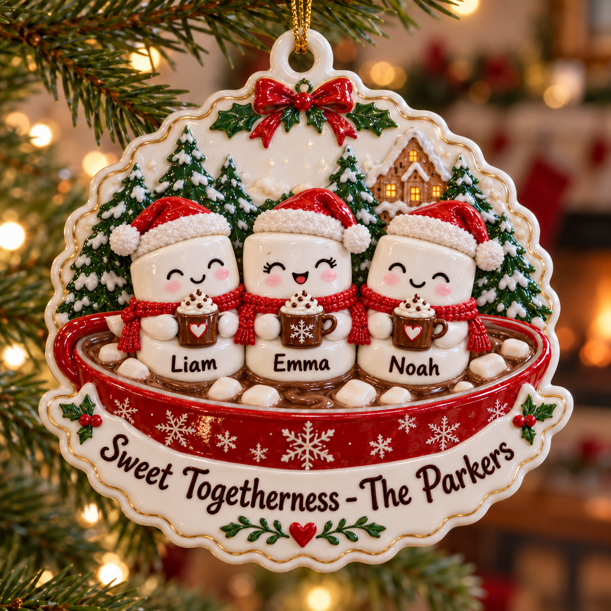 Family Marshmallows in Hot Cocoa Mug Holiday Tree Accent - 3D Relief Ornament
