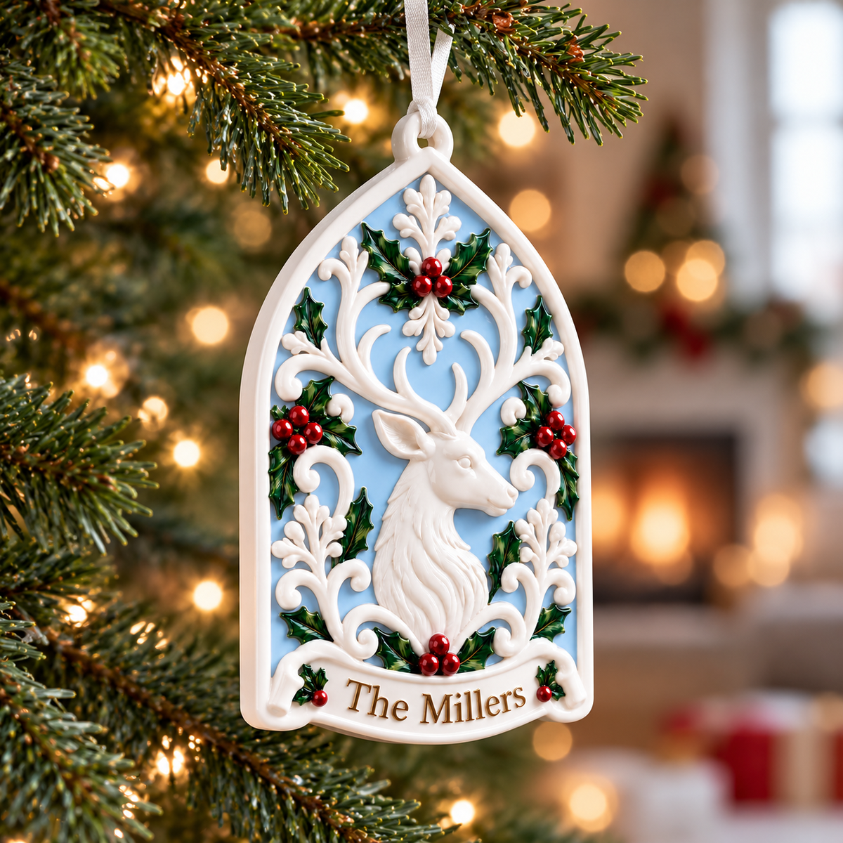 White Stag Deer Arch Acrylic Plaque with Holly Berry Flourish - 3D Relief Ornament