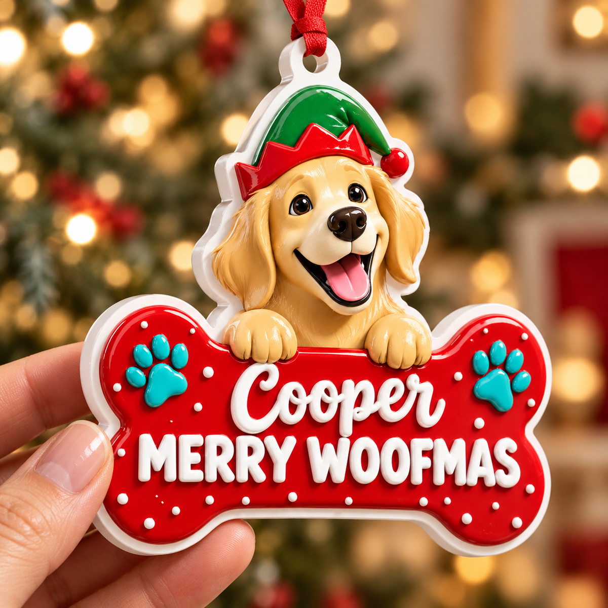 Golden Retriever Puppy Wearing Elf Hat Dog Bone Holiday Tree Decor - 3D Relief Ornament