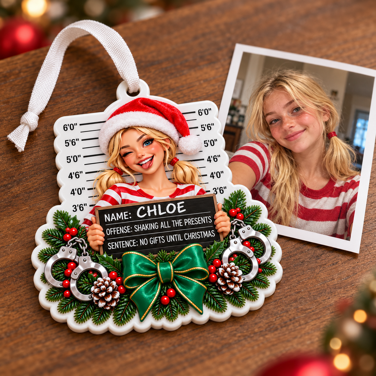 Funny Christmas Mugshot Blonde Girl Holiday Tree Decoration - 3D Relief Ornament