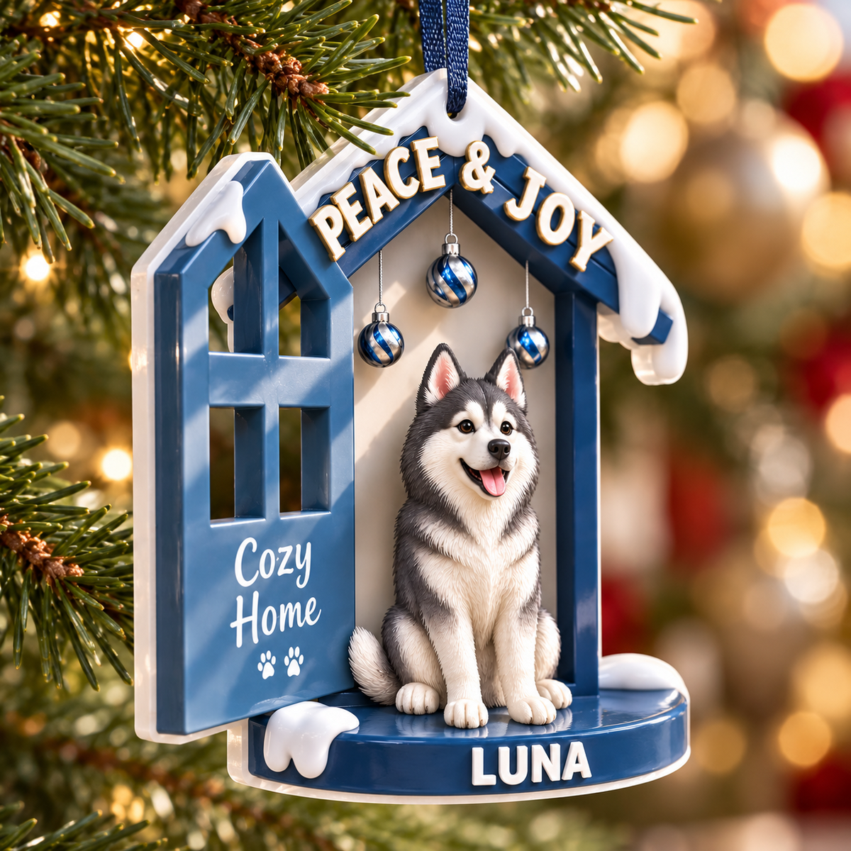Blue Siberian Husky Dog House Holiday Christmas Tree Hanging Decor - 3D Relief Ornament