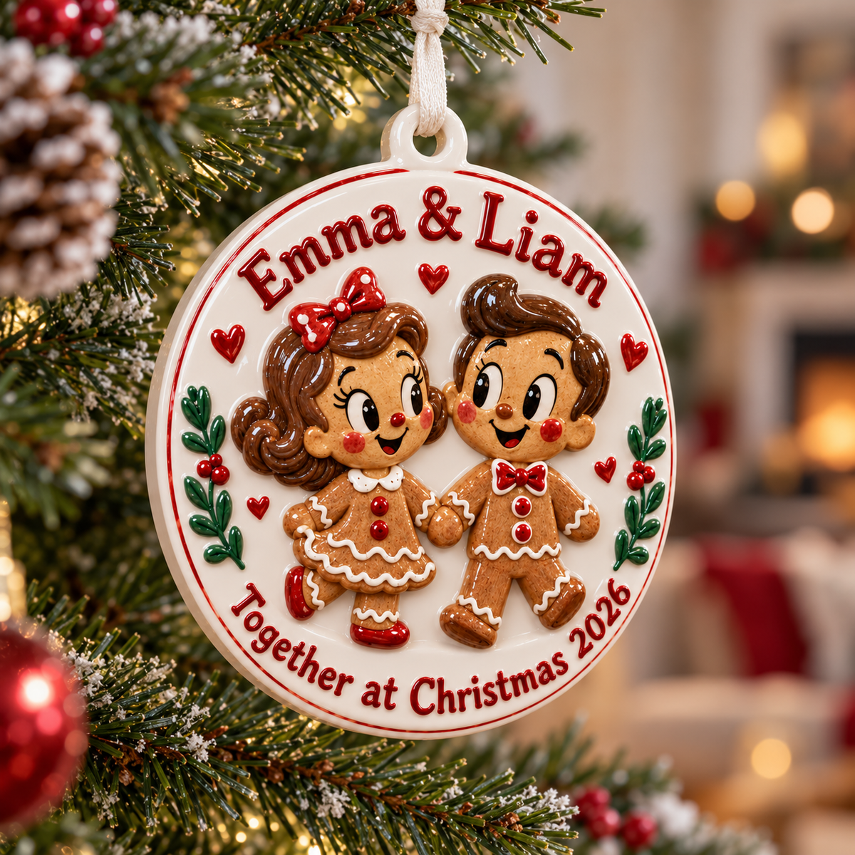 Gingerbread Couple Round Ceramic Christmas Keepsake Medallion - 3D Relief Ornament