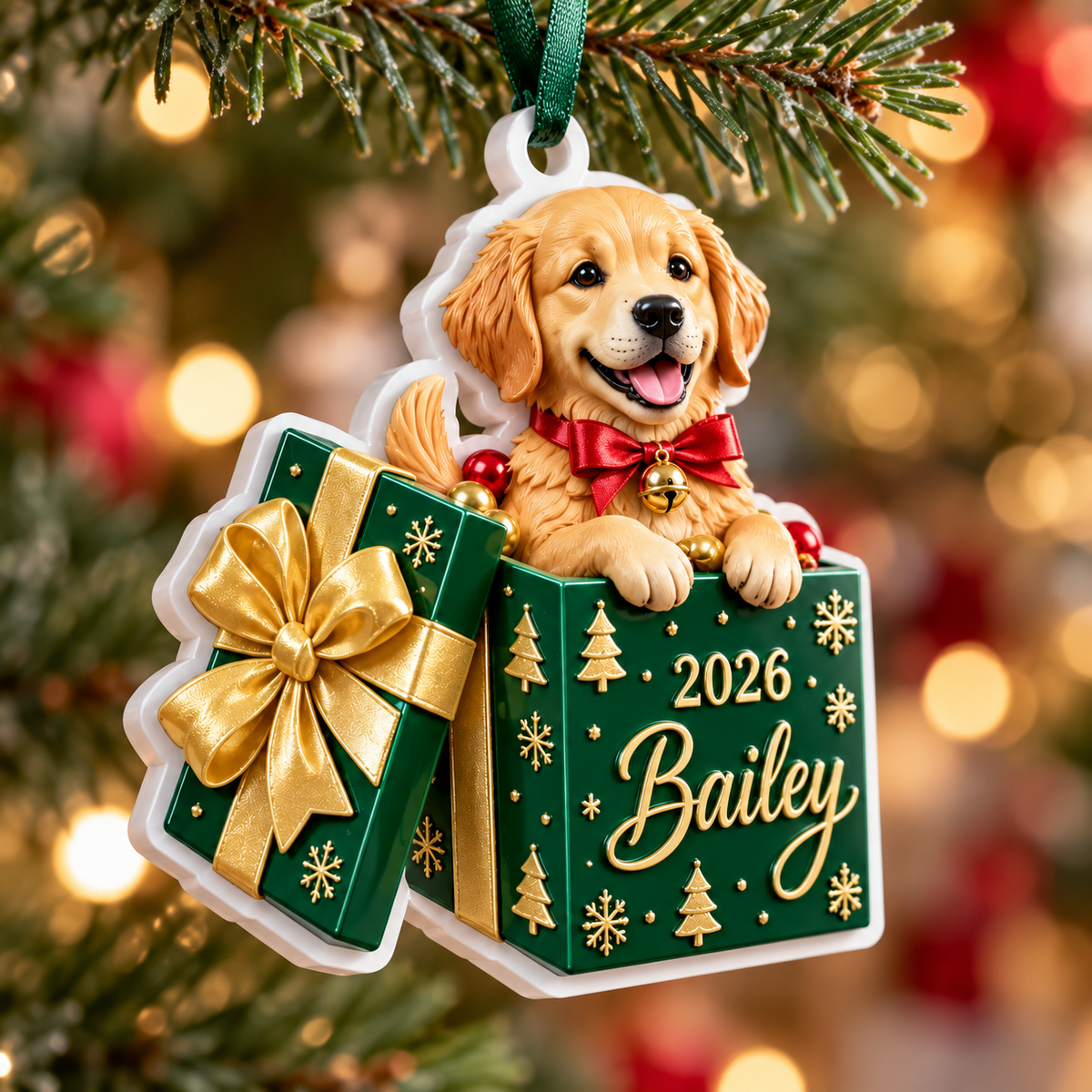 Golden Retriever Puppy in Christmas Gift Box Acrylic Tree Pendant - 3D Relief Ornament