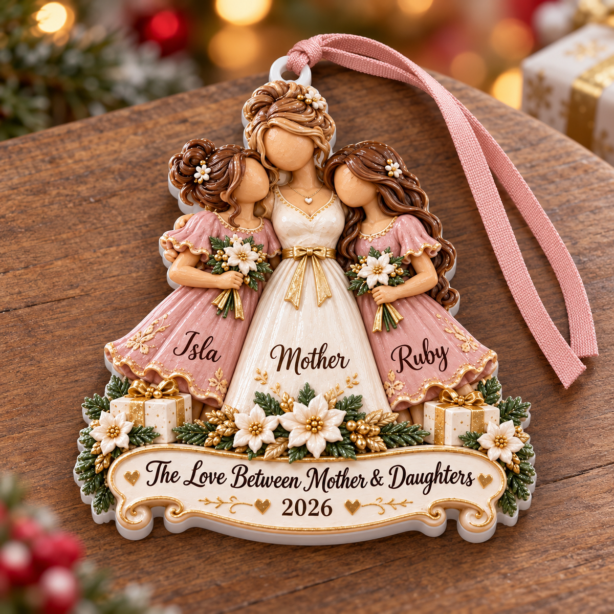 Mother and Two Daughters Holiday Keepsake with Ribbon Hanging - 3D Relief Ornament