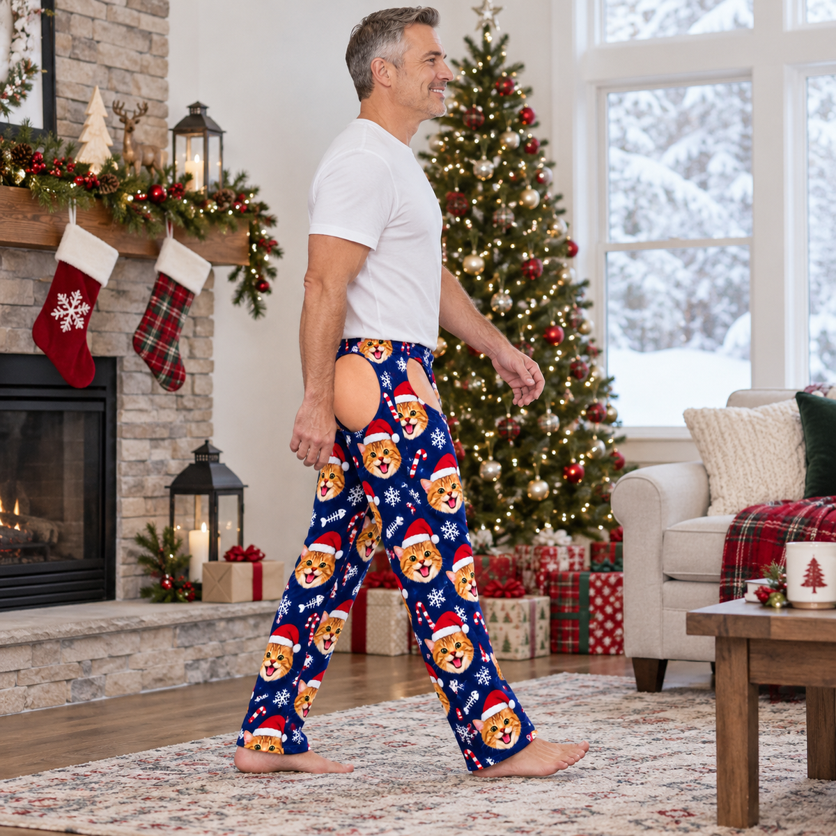 Men's Christmas Corgi Cutout Pajama Pants Light Blue Novelty Chaps