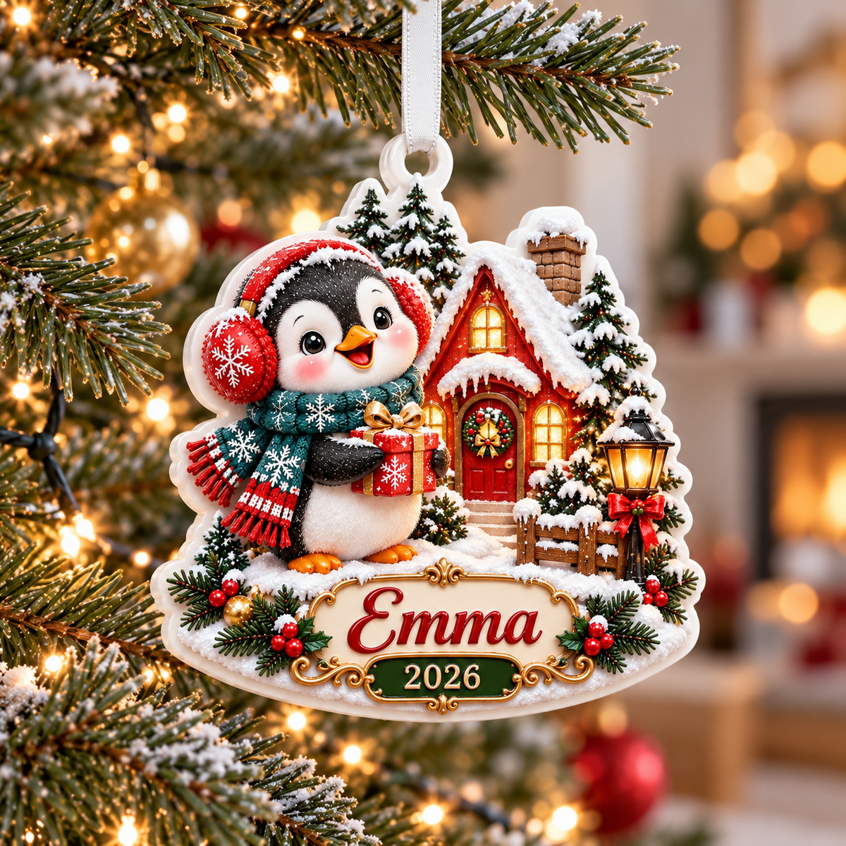 Winter Penguin and Snowy Cottage Holiday Tree Hanging Keepsake - 3D Relief Ornament