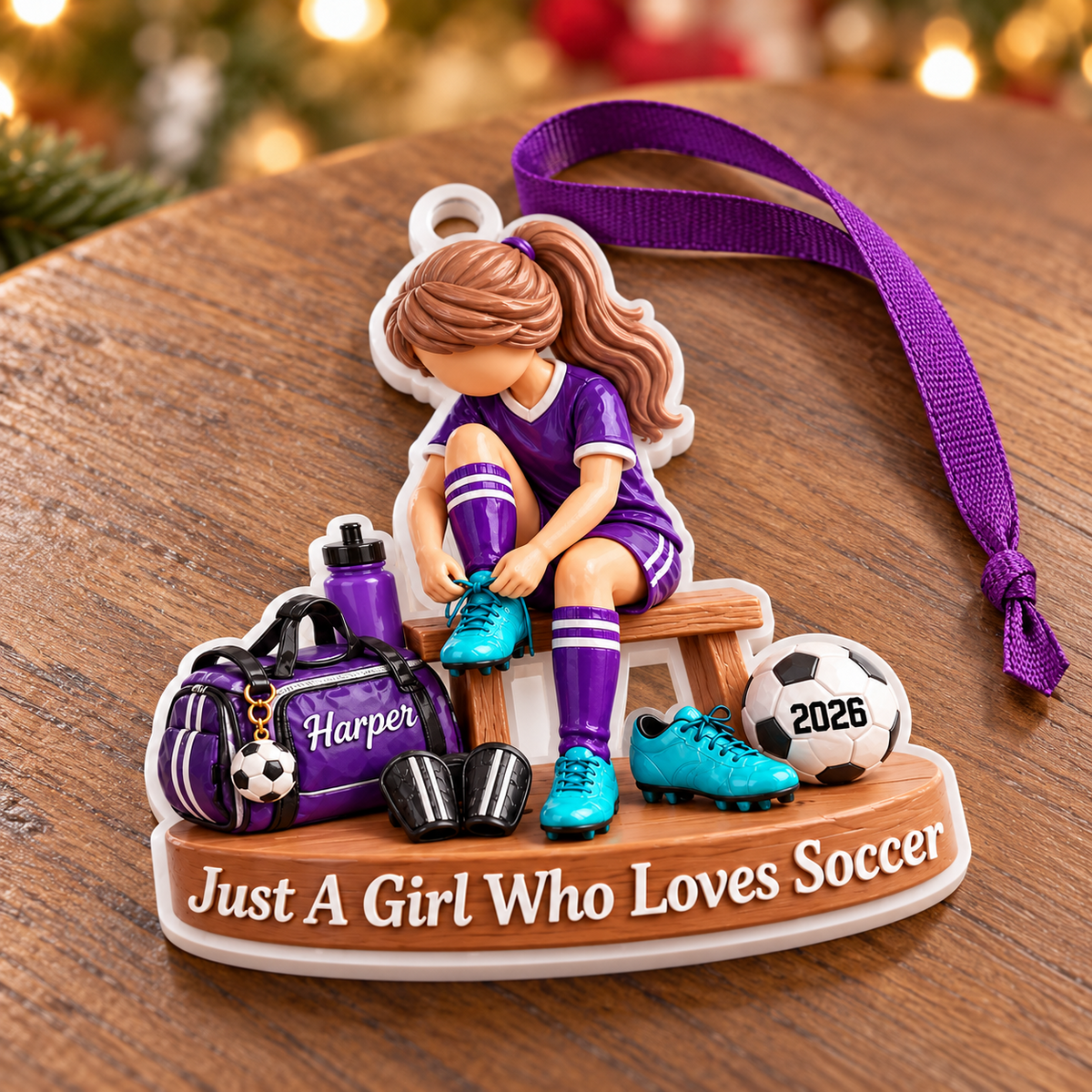 Girl Soccer Player Locker Room Bench Acrylic Hanging Holiday Keepsake - 3D Relief Ornament