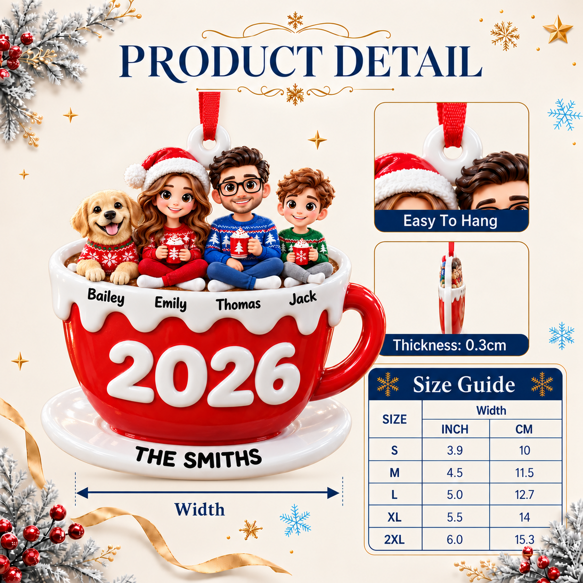 Family of Three with Dog in Hot Cocoa Mug Holiday Keepsake - 3D Relief Ornament