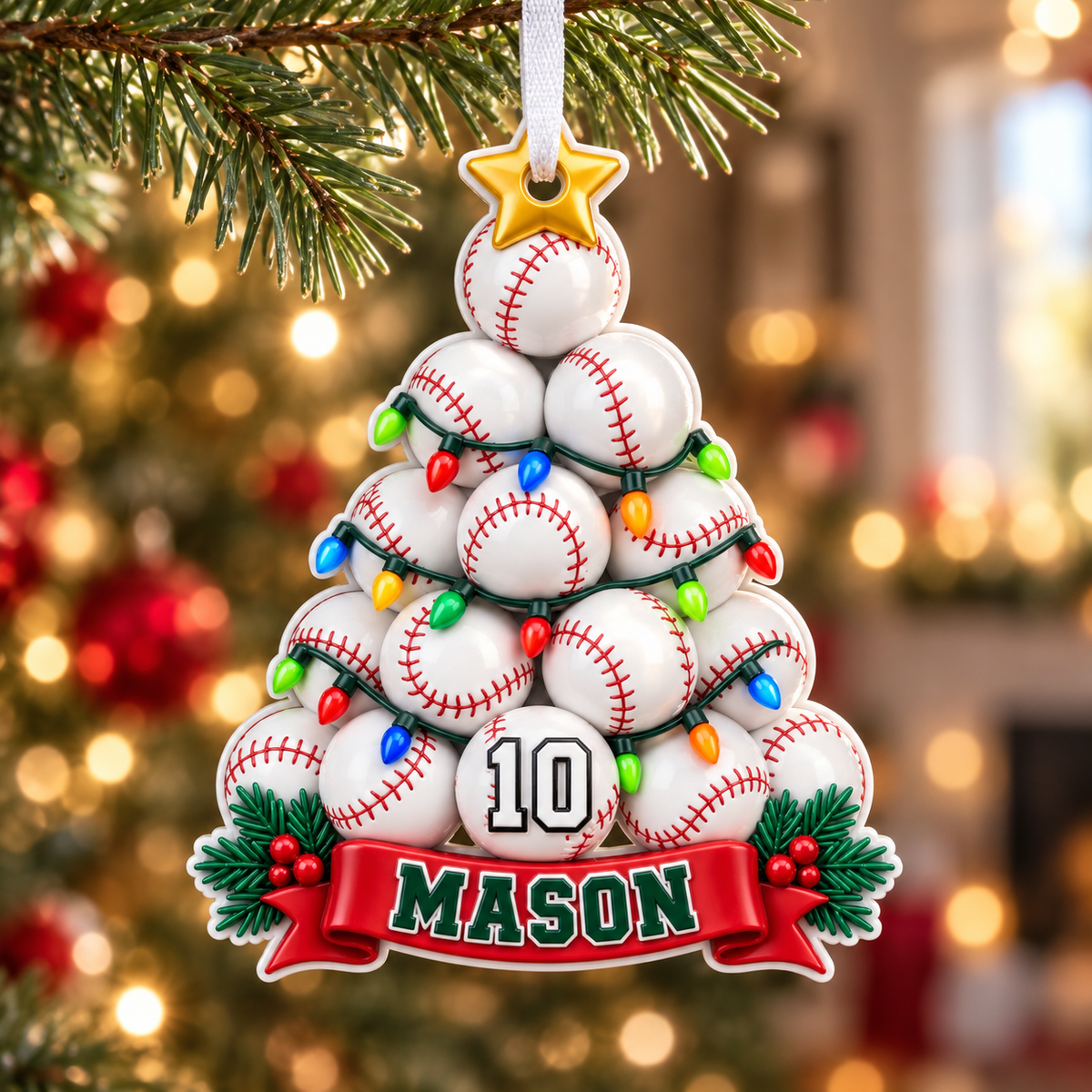 Baseball Christmas Tree Holiday Decor with Star Topper and Festive Lights - 3D Relief Ornament