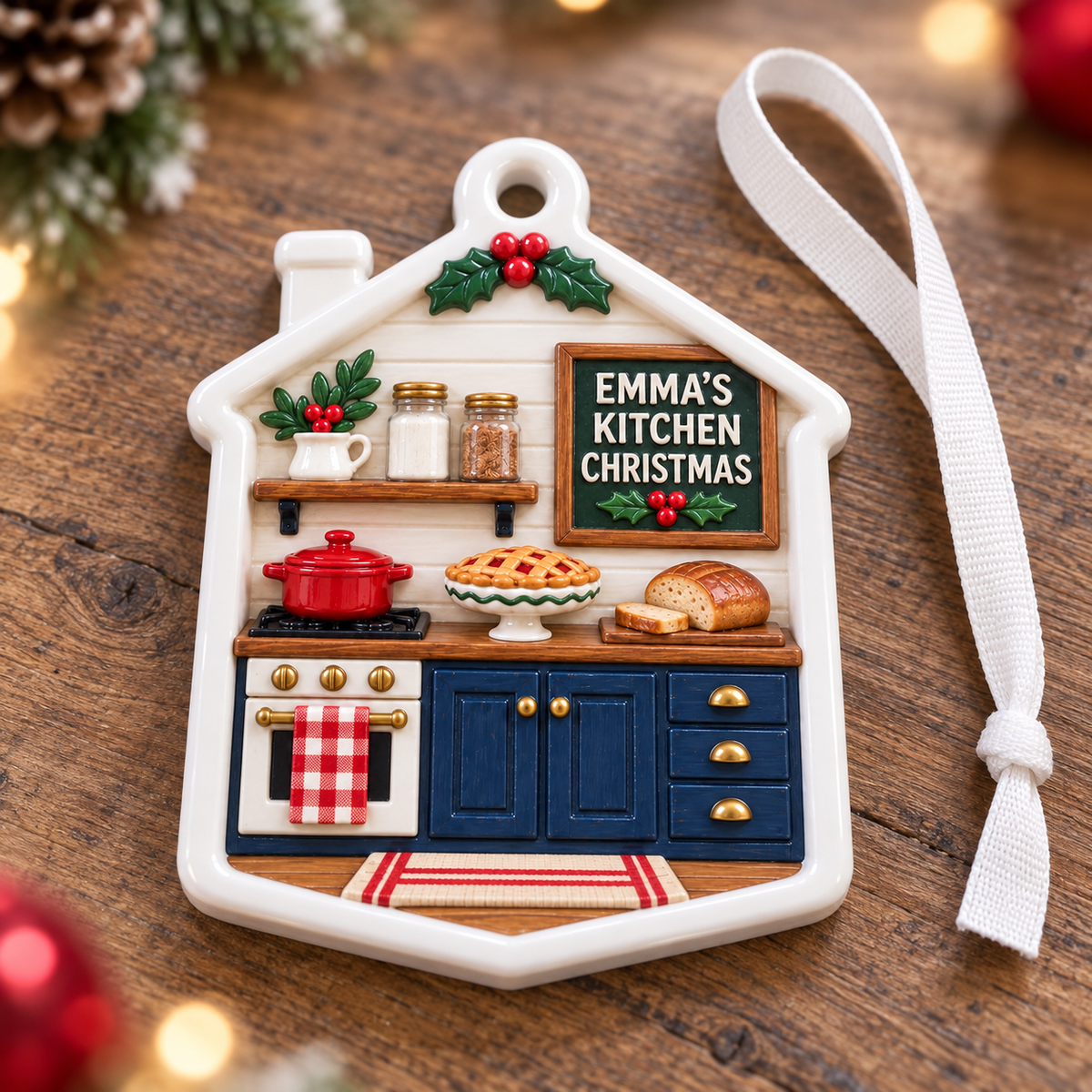 Holiday Kitchen Baking Scene House Shaped Hanging Tree Decor - 3D Relief Ornament