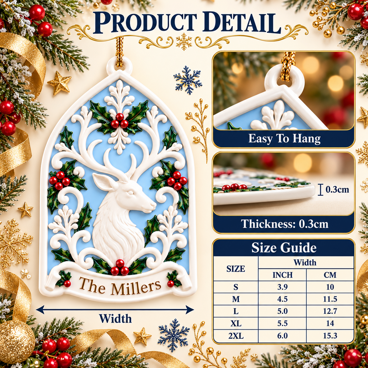 White Stag Deer Arch Acrylic Plaque with Holly Berry Flourish - 3D Relief Ornament