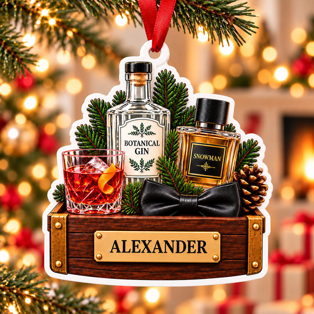 Gin Bottle Cocktail and Cologne Crate Acrylic Hanging Holiday Keepsake - 3D Relief Ornament