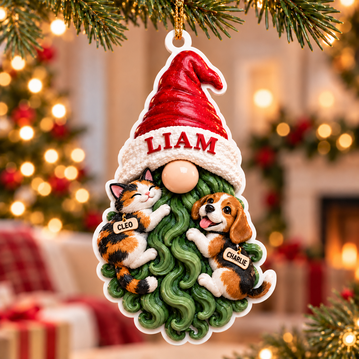 Christmas Gnome with Calico Cat and Beagle Dog Hanging Holiday Decoration - 3D Relief Ornament