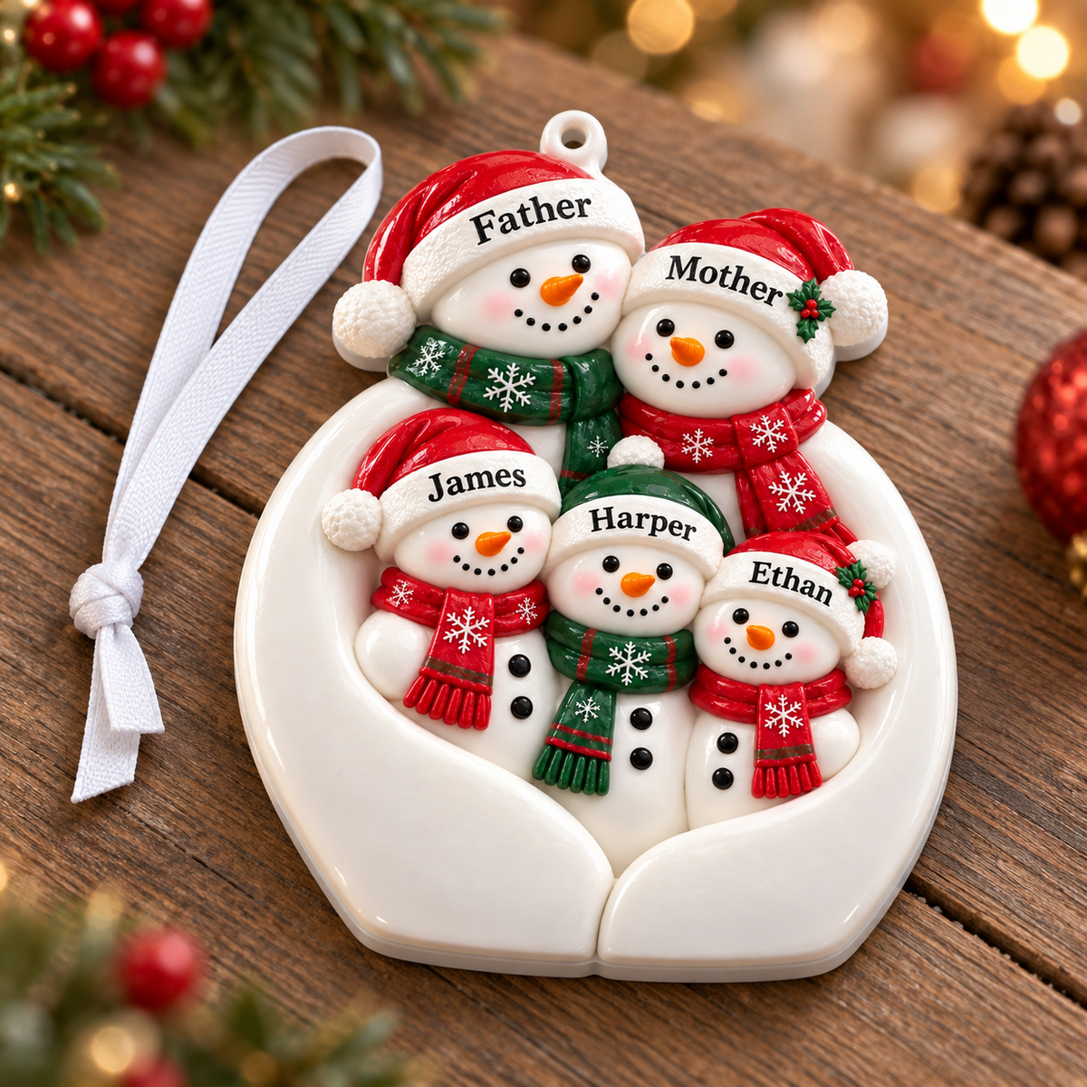 Snowman Family of 5 Hanging Holiday Tree Decoration - 3D Relief Ornament