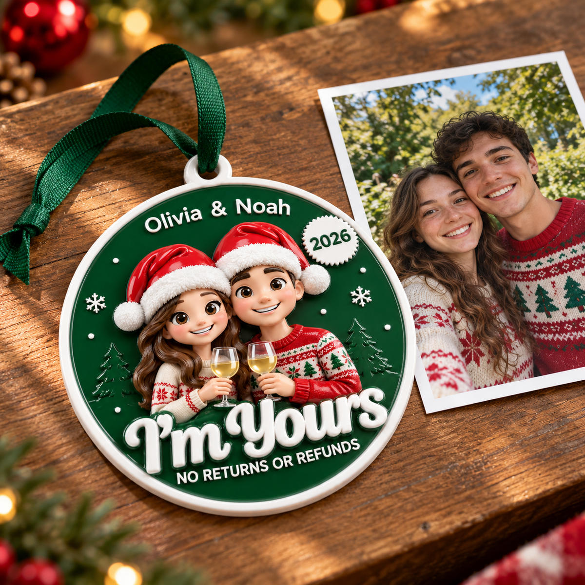 Couple Christmas Tree Hanging Disc, Im Yours Wine Toast Holiday Keepsake - 3D Relief Ornament