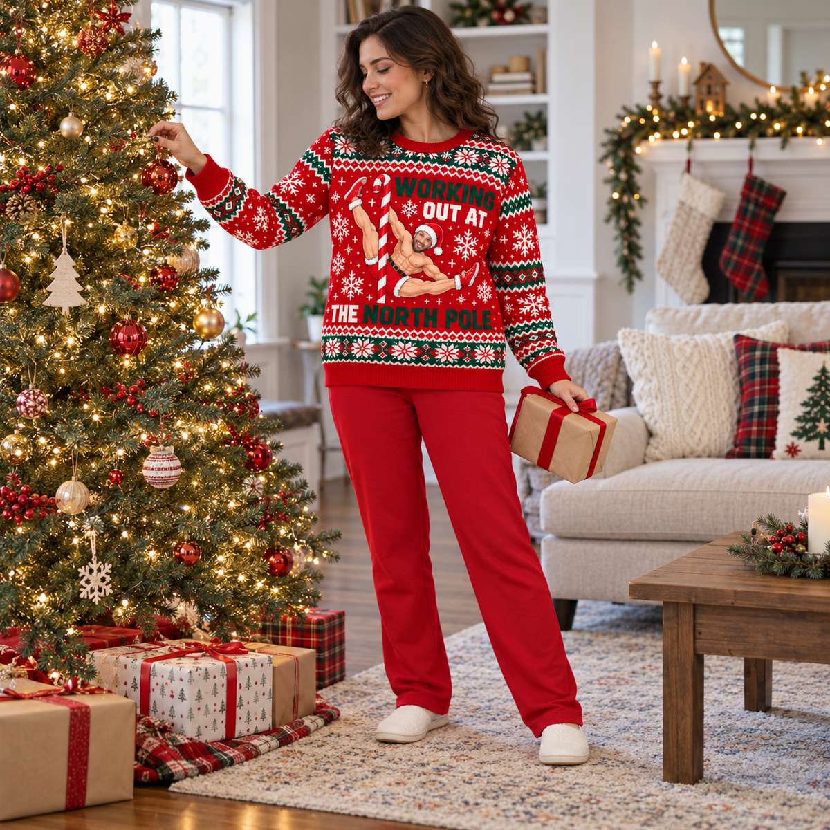 Christmas Sweatshirt Working Out At The North Pole Graphic Crewneck