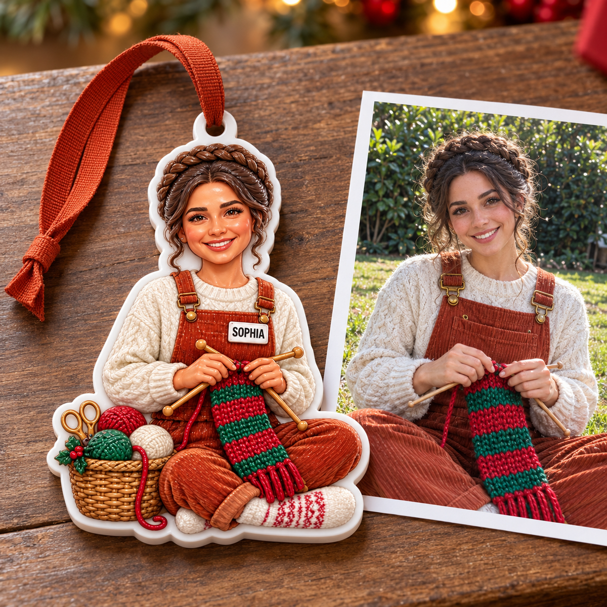 Knitting Girl Crafter with Yarn Basket Acrylic Holiday Hanging Keepsake - 3D Relief Ornament