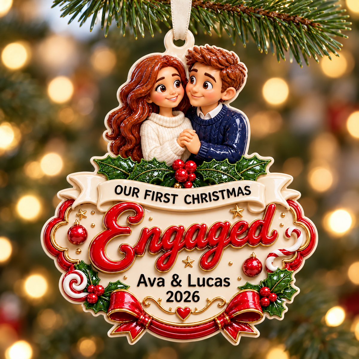 Our First Christmas Engaged Couple Portrait Holiday Keepsake - 3D Relief Ornament