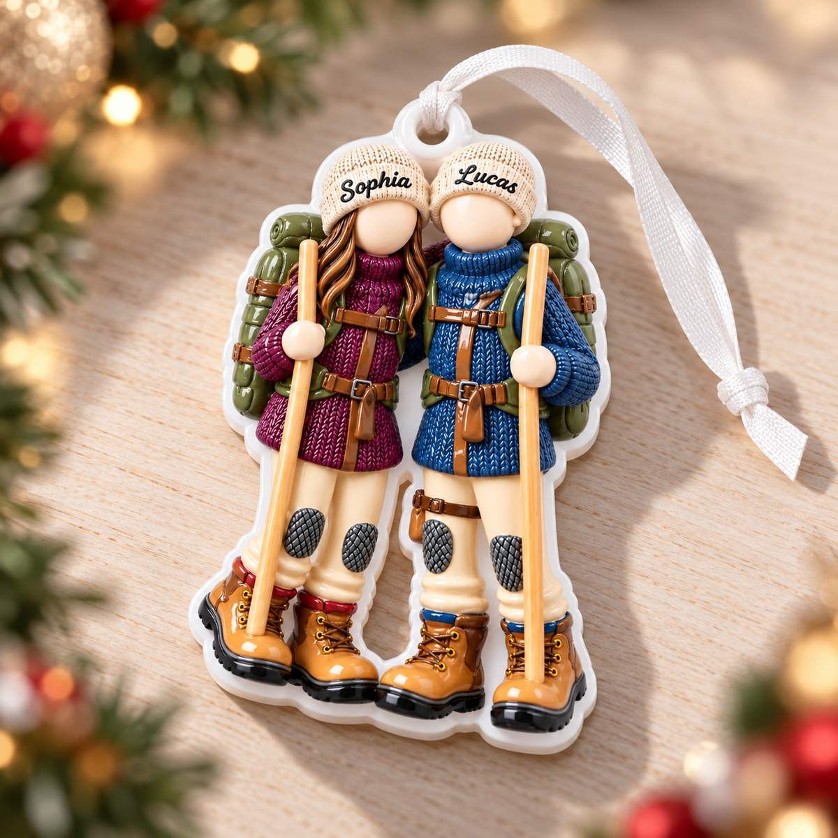 Hiking Couple with Backpacks and Trekking Poles Acrylic Hanging Keepsake - 3D Relief Ornament