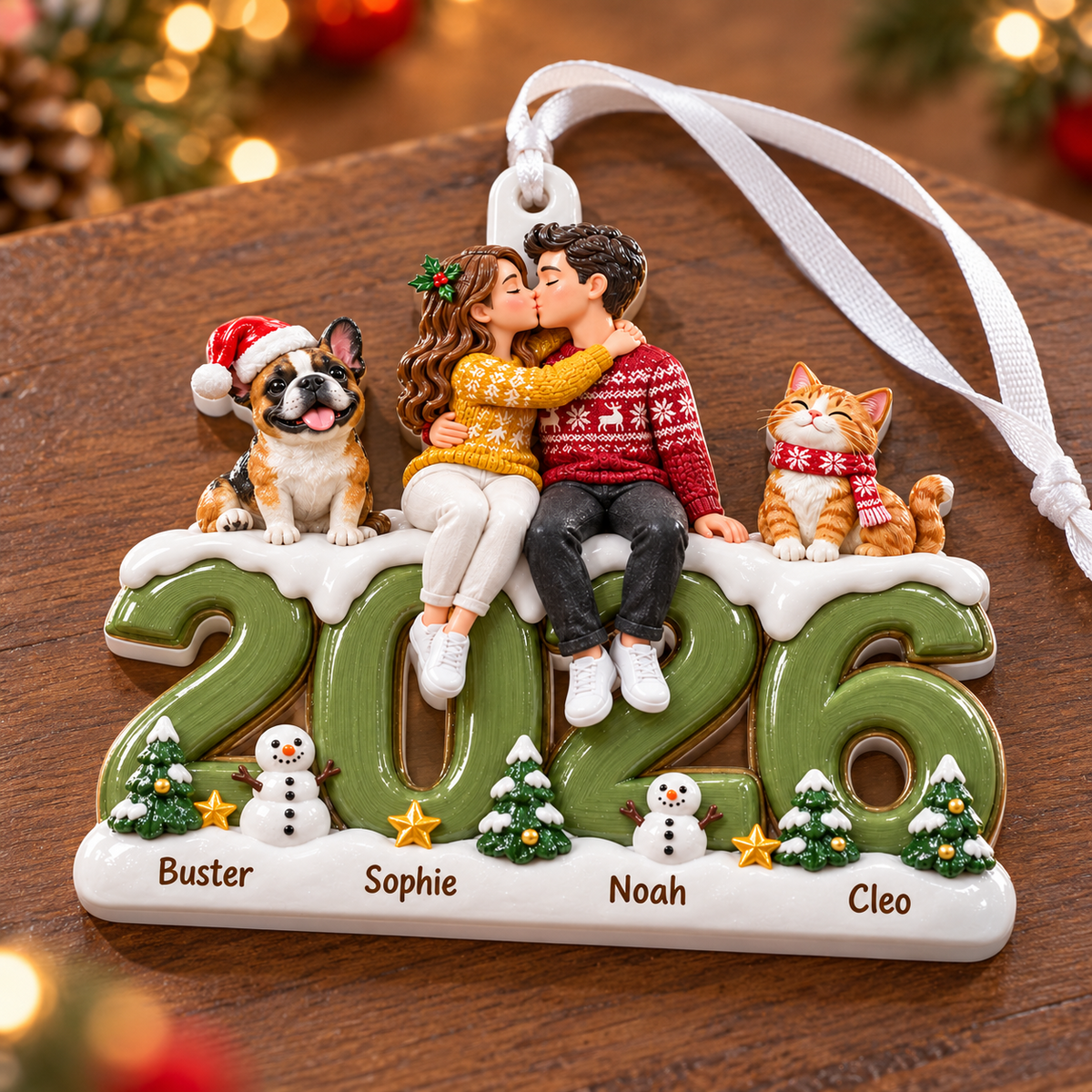 Couple with Dog and Cat on 2026 Date Resin Holiday Tree Decor - 3D Relief Ornament