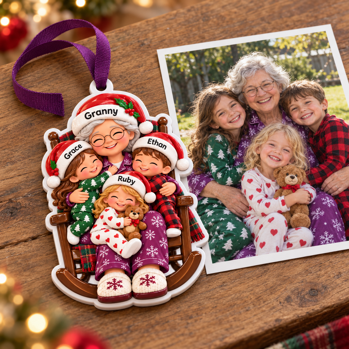 Grandmother with Grandchildren in Rocking Chair Holiday Keepsake - 3D Relief Ornament