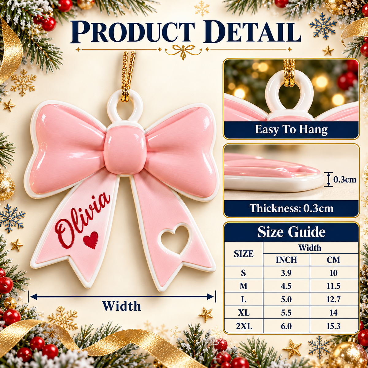 Coquette Pink Ribbon Bow Holiday Tree Keepsake with Heart Cutout - 3D Relief Ornament