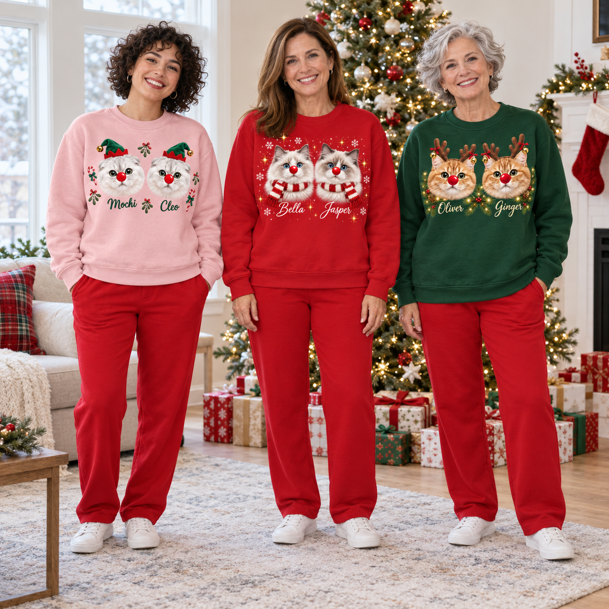 Christmas Cat Sweatshirt Holiday Graphic Red Nose Pet Crewneck