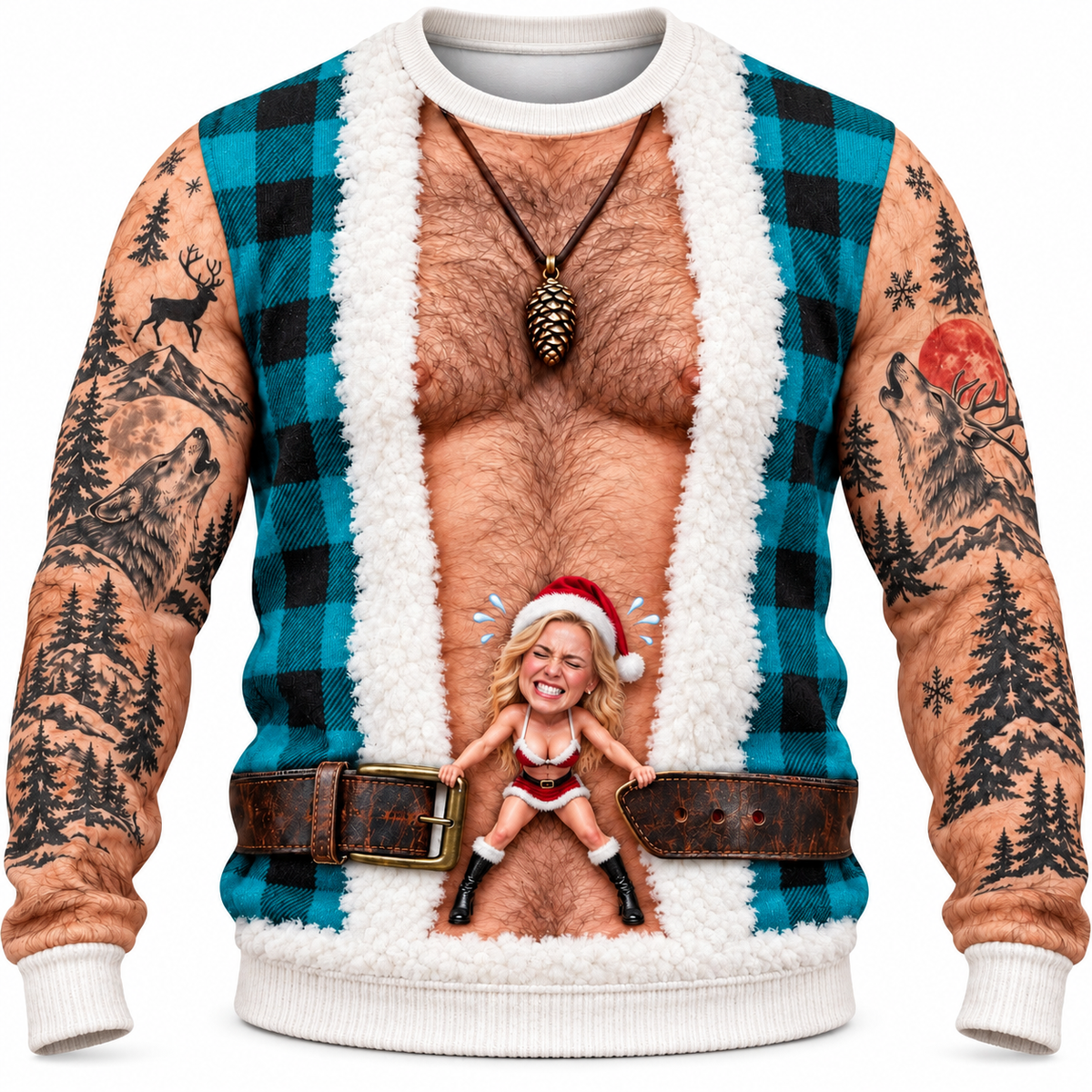Funny Christmas Sweatshirt Hairy Chest Plaid Vest Tattoo Graphic