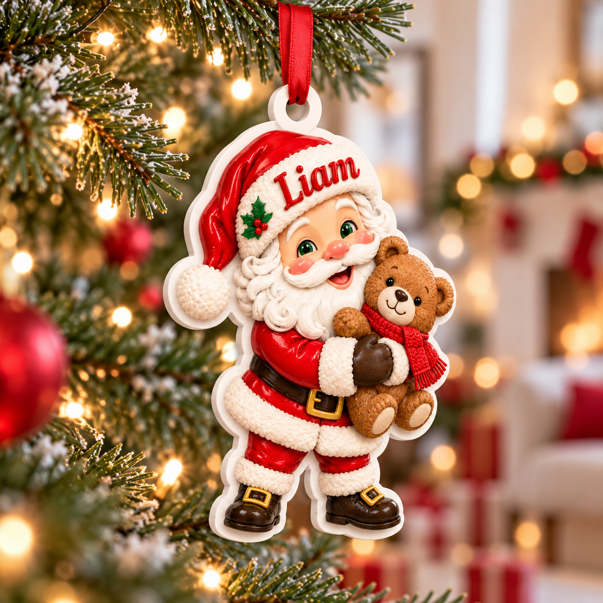 Santa Claus Holding Teddy Bear Acrylic Holiday Tree Decoration - 3D Relief Ornament