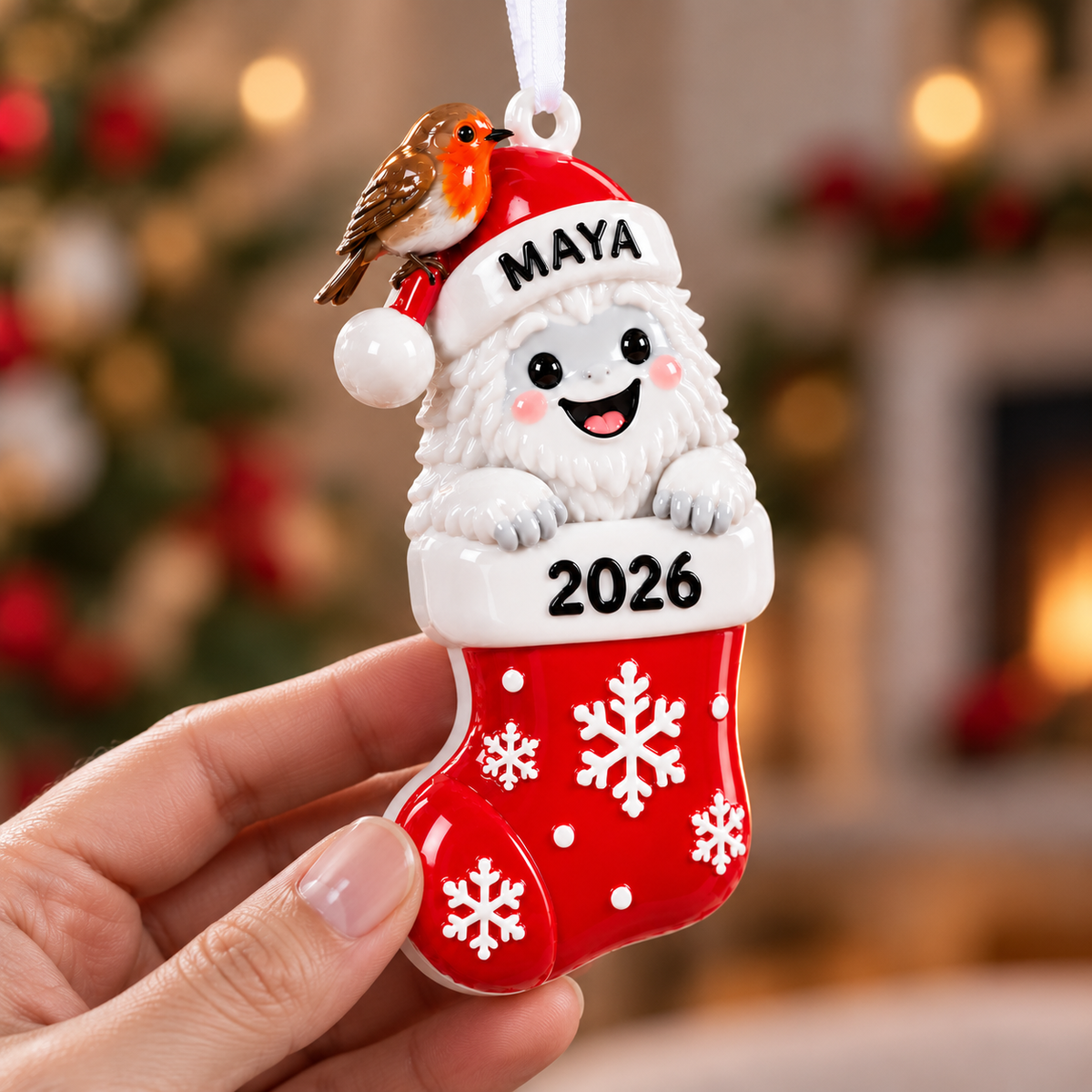 Christmas Yeti in Stocking with Robin Hanging Holiday Decor - 3D Relief Ornament