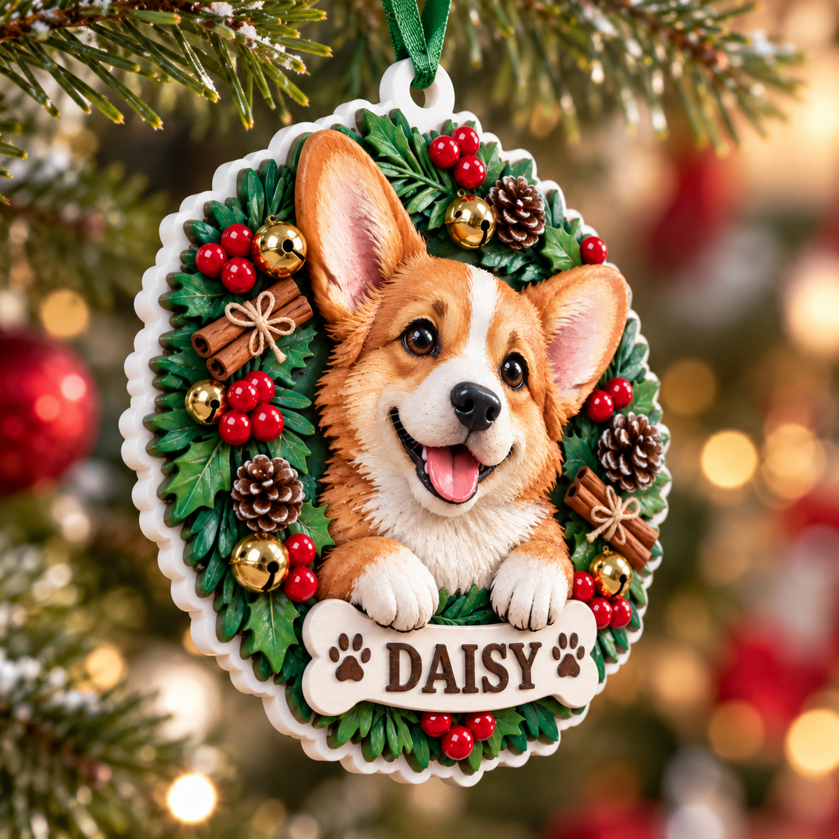 Pembroke Welsh Corgi Dog Holiday Pine Wreath Christmas Tree Hanging Decor - 3D Relief Ornament