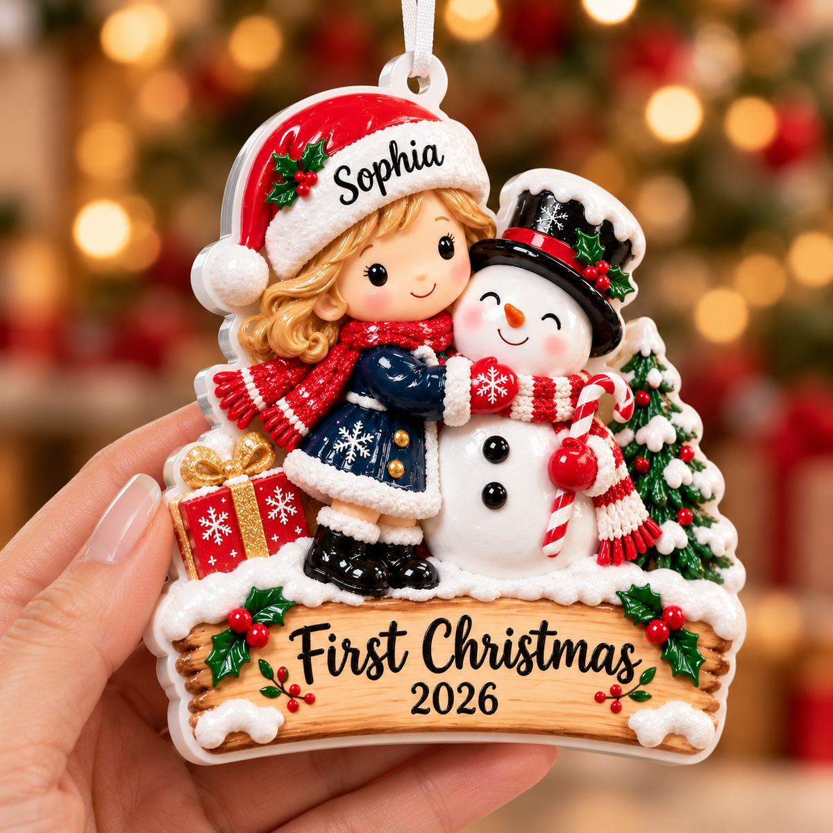 Baby Girl and Snowman First Christmas Tree Hanging Keepsake - 3D Relief Ornament
