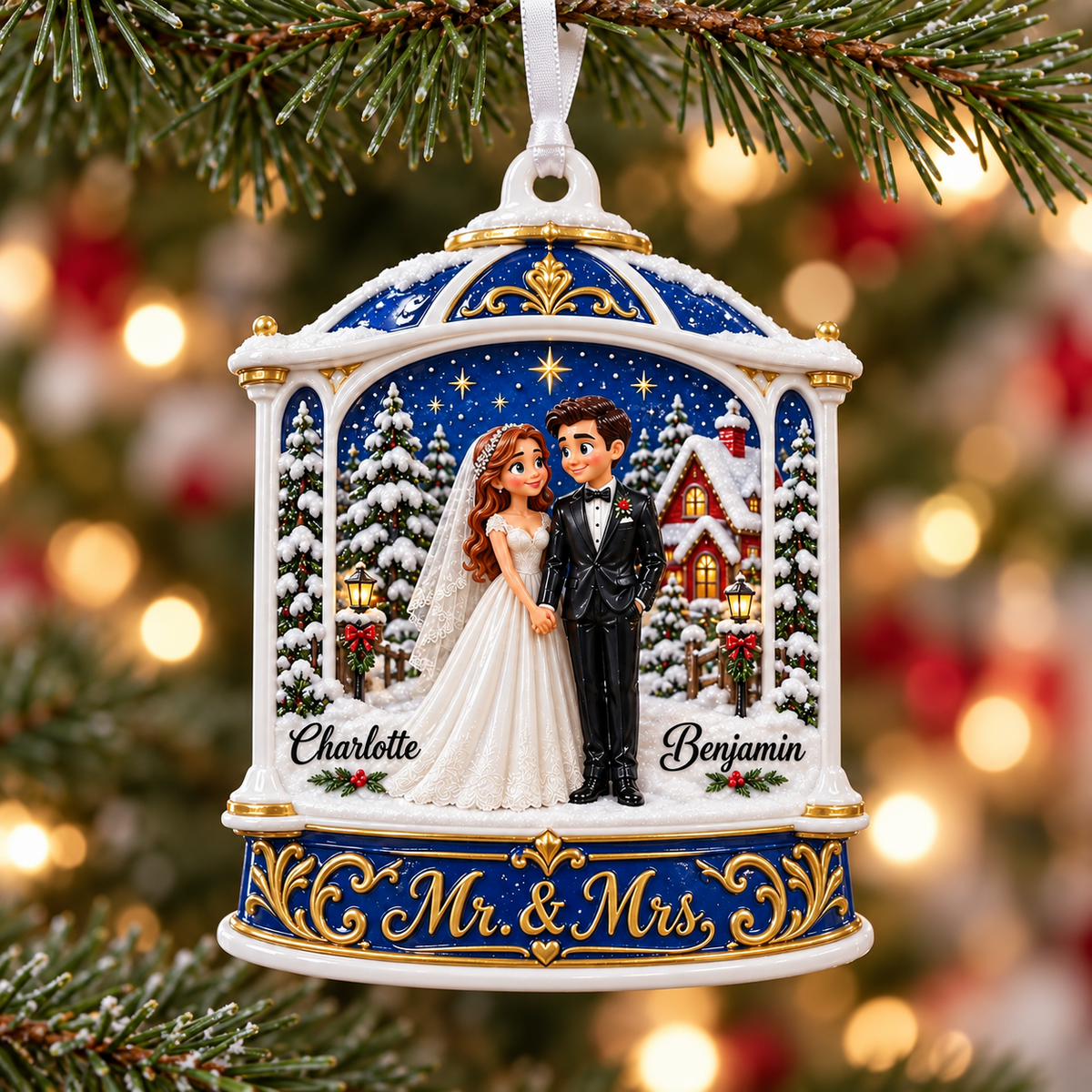Winter Wedding Couple Mr and Mrs Blue Bell Christmas Tree Keepsake - 3D Relief Ornament