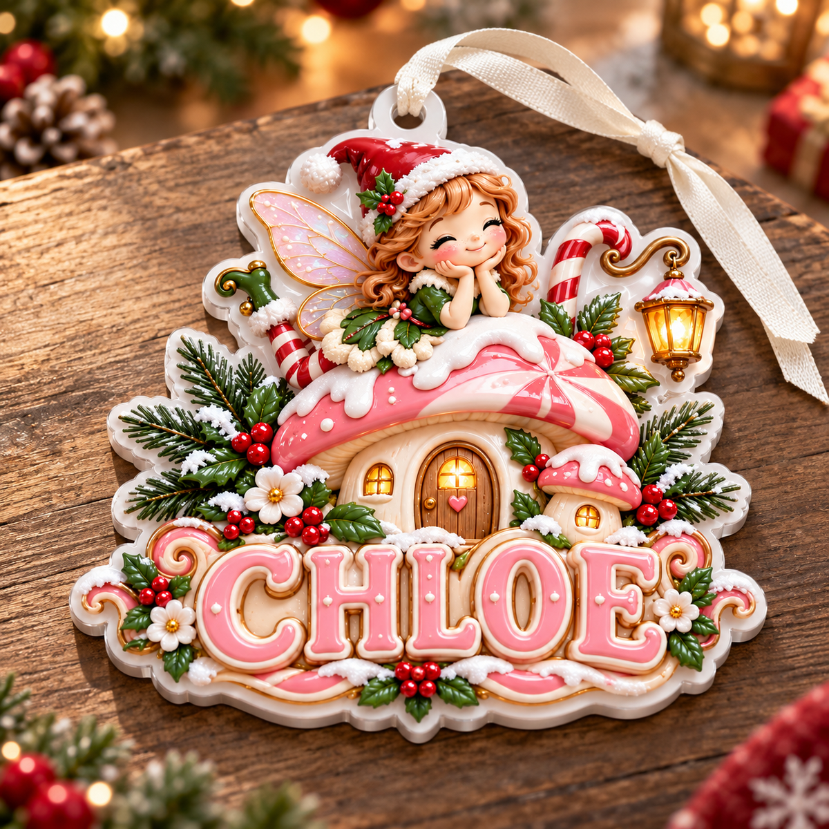 Christmas Fairy Mushroom House Acrylic Hanging Holiday Decor - 3D Relief Ornament