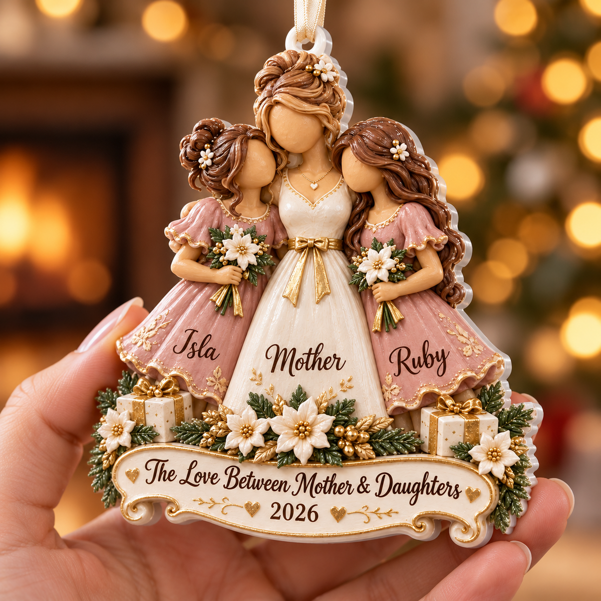 Mother and Two Daughters Holiday Keepsake with Ribbon Hanging - 3D Relief Ornament