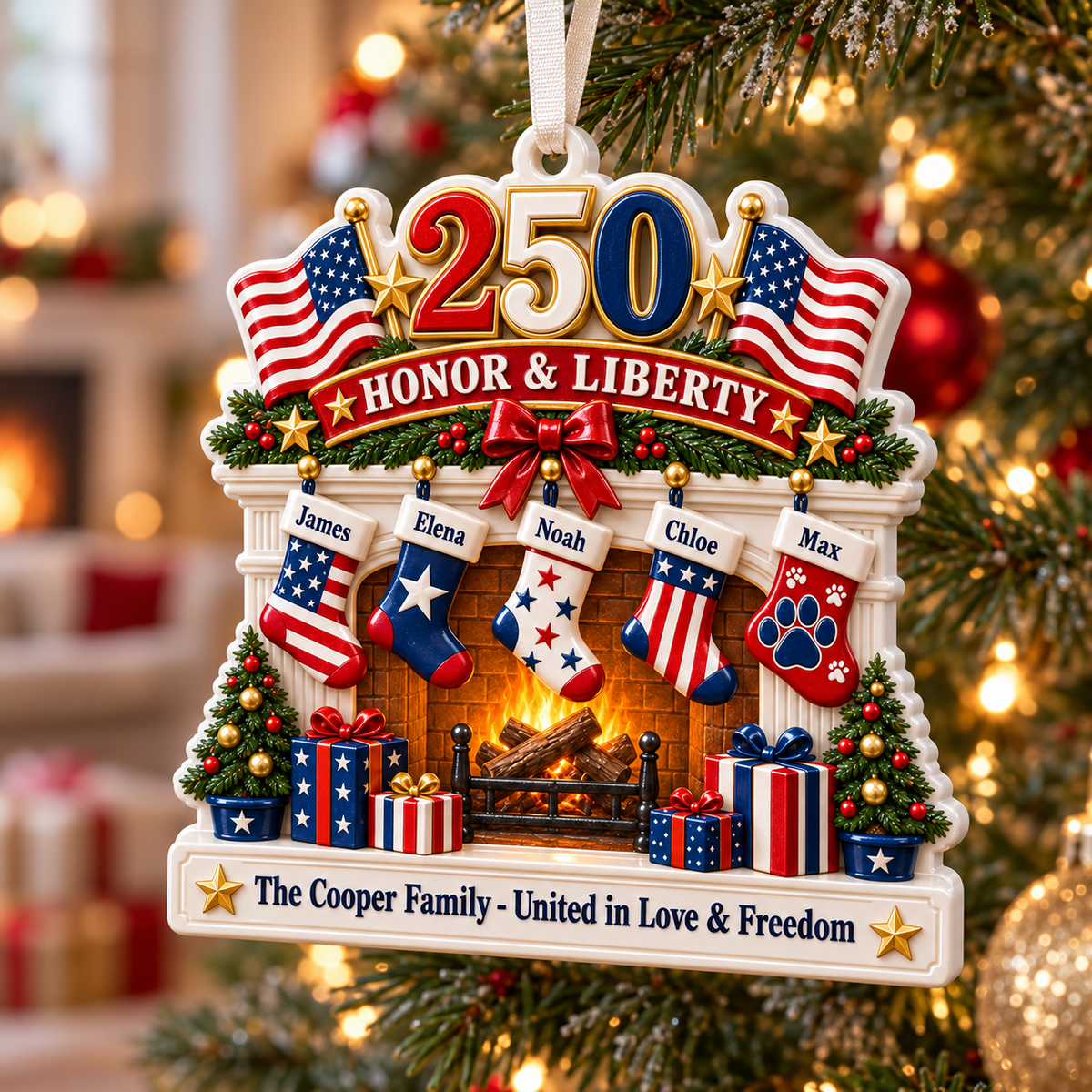 Patriotic Fireplace Christmas Tree Hanging Decor with American Flags - 3D Relief Ornament