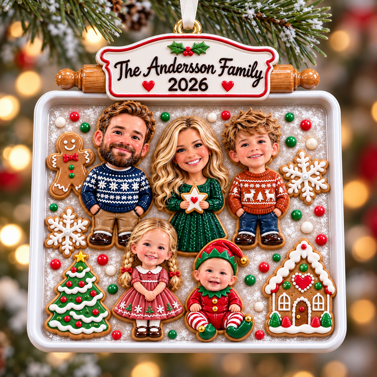 Baking Sheet Gingerbread Family of Five Holiday Keepsake - 3D Relief Ornament